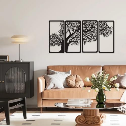 YATEASLU 4 Quls Islamic Wall Art Set - Metal Arabic Calligraphy Decor | Set of 4 matte black metal surah tree plaques.Features Al-Falaq,An-Nas,Al-Kafirun,Al-Ikhlas.Pre-drilled with screws.