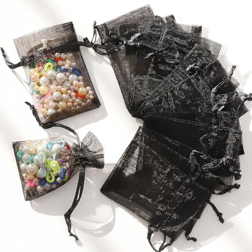 WenTao 100pcs Organza Bags, 2x3inch Black Drawstring Jewelry Bags, Mini Mesh Gift Pouches for Small Presents Jewelry Earrings - color: black