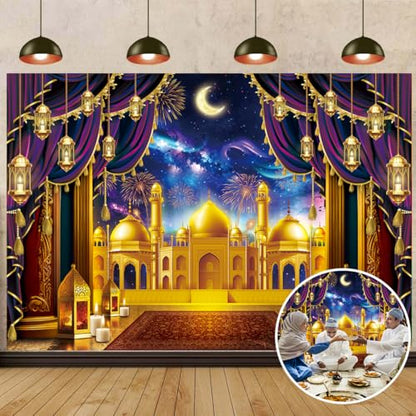 Eid Mubarak Backdrop Muslim Arabian Night Photography Background Lantern Curtain Moon Fireworks Castle Banner for Islamic Ramadan Kareem Party Decoration Supplies (8X6FT(94 x 70 inch)) - size: 8X6FT(94 x 70 inch)