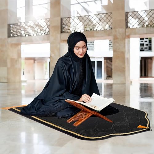 Muslim Prayer Rug with Tasbih Prayer Beads, Extra Thick Padded Non-Slip Islamic Prayer Matt,Turkish Praying Carpet Ottoman Blankets Ramadan Gift for Ramadan, Eid, Hajj, Travel, Pray （Black） - color: Black