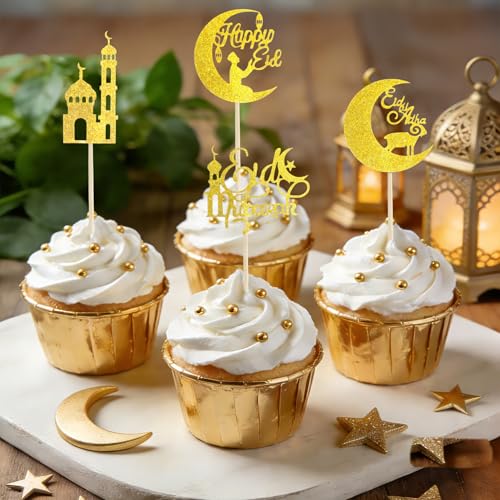 Eid Mubarak Cupcake Toppers, 24 PCS Gold Glitter Moon Star Happy Eid Cupcake Picks, Muslim Islamic Themed Food Toppers Cake Decorations for Eid Mubarak Ramadan Party Supplies