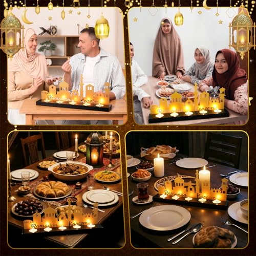 MorningRo Ramadan Kareem Decorations Islamic Candle Holder with 5 Tea Candles Eid Mubarak Metal Sign with Wood Base Ramadan Kareem Table Centerpieces Eid Al Fitr Muslim Party Gifts - style: Elegant