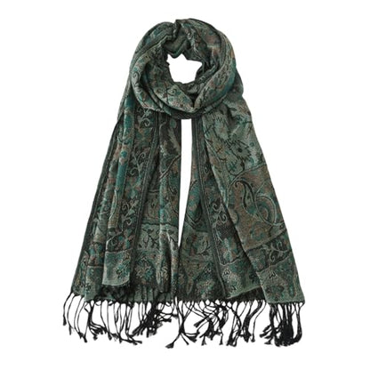 Paisley Pashmina Rave Shawl Scarf-Women's Reversible Ethnic Jacquard Pashmina Wraps for Travel - color: A#. Black Cyan
