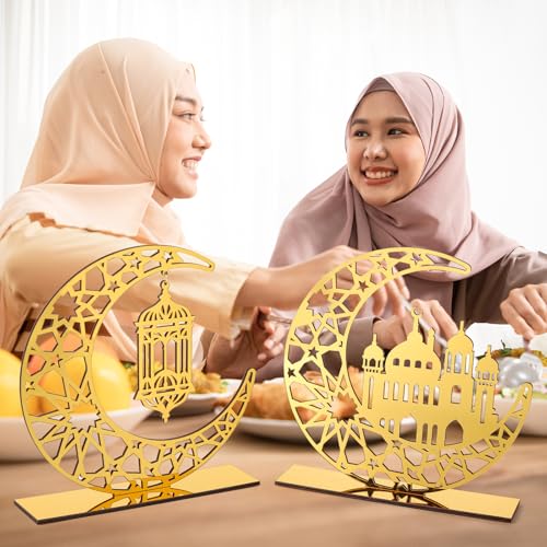 2 Pieces Acrylic Ramadan Decorations Islamic Eid Mubarak Kareem Table Sign Moon Hollow Star Ornament for Muslim Party Tabletop Decor Home Art Craft Decoration Golden Moon - style: House