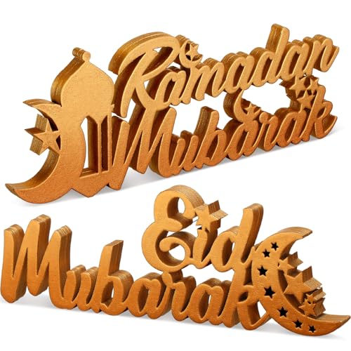 Yuntau 2 Pcs Ramadan Mubarak Wood Sign Eid Mubarak Wooden Table Centerpiece Ramadan Wooden Tabletop Decor Moon Star Islamic Mosque Letter Sign Ramadan Decorations for Home Allah Muslim Gifts(Bright)