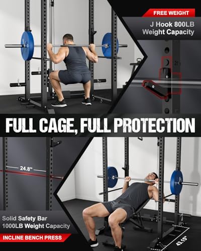 C1-V4 Power Cage, 2000LBS Squat Rack with LAT Pulldown, Multi-Function Weight Cage Strength Training Machine, Workout Cage with More Attachments for Home Gym Garage - style: 120LB Home Gym Package Bk