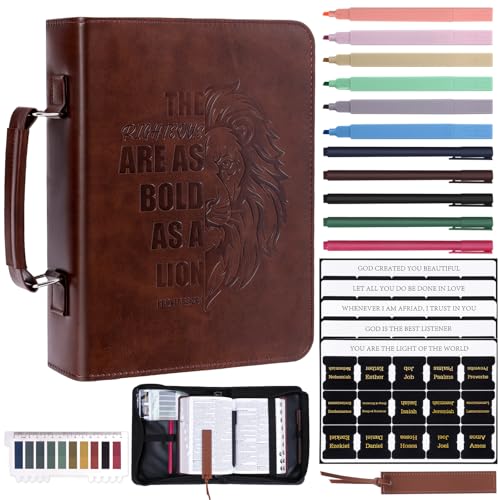 XKDOUS Bible Cover for Men Leather Bible Bag Large Book Carrying Case Kit - color: Brown Lion