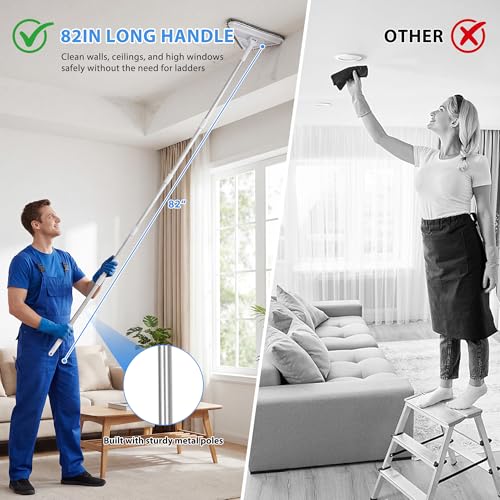 Wall Cleaner Mop with 80" Long Handle.3-in-1 Ceiling Cleaning Tool Duster with 180° Foldable & 360° Rotating Head. Includes 6 Washable Pads for Walls, Baseboards, Windows & Floors. No Ladder Needed.