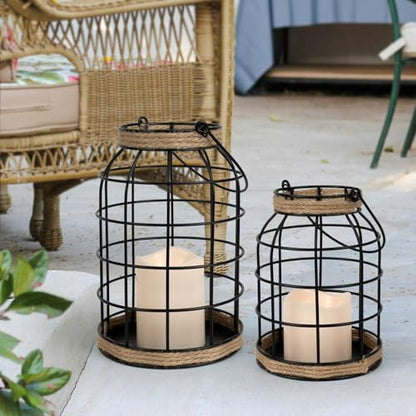 Rustic Farmhouse Decorative Lantern Set of 2, Boho Lanterns with LED Candles, Modern Farmhouse Indoor Outdoor Decor for Living Room Patio Porch Fireplace Kitchen Dining Table Centerpiece