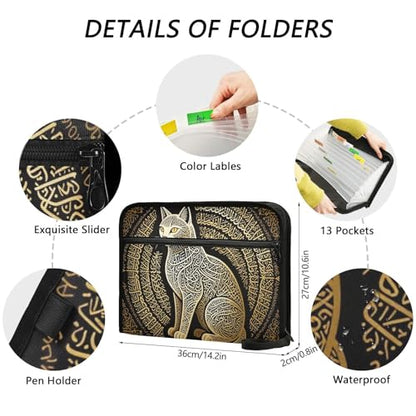 Arabic Calligraphy Cat Islamic Art Folder with Dividers 13 Pockets A4 Letter Size with Zipper Closure for Office Supply Paper File Organizer para guardar documentos