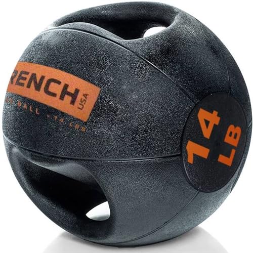 French Fitness Dual Grip Medicine Ball w/Handles – Reinforced Rubber, Textured Grip, Durable Design for Strength Training & Conditioning (14 lb)