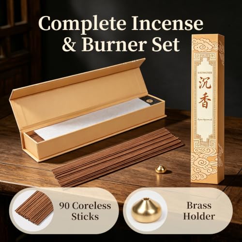 Natural Chinese Agarwood Incense Sticks with Brass Burner, Handmade Traditional Oud Incense for Stress Relief, Meditation, Home Fragrance, Ideal Gift for Aromatherapy Lovers - size: Agarwood