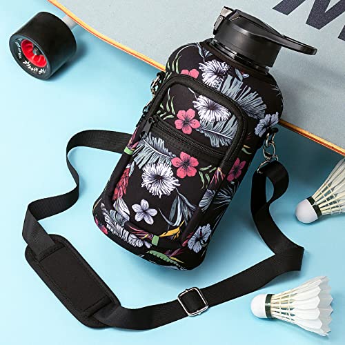 Fimibuke Half Gallon Water Bottle with Sleeve 64 OZ Water Bottle with Handle & Straw Leakproof Motivational Sports Gym Water Bottle with Time Marker BPA Free Water Jug with Reusable Neoprene Holder - color: C1.White Hibiscus