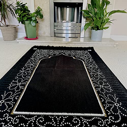 Mihrab Patterned Original Luxury Velvet Prayer Mat/Rug- 750g Weight | Made in Turkey (Black) - color: Black