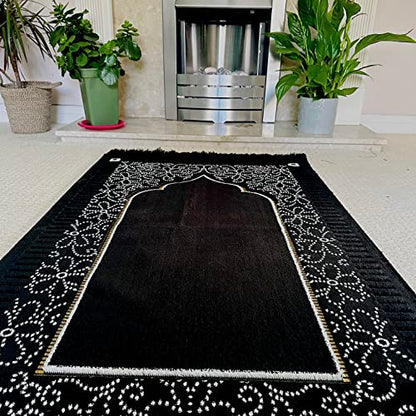 Mihrab Patterned Original Luxury Velvet Prayer Mat/Rug- 750g Weight | Made in Turkey (Black) - color: Black