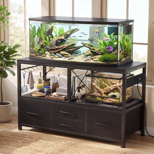 Heybly 55-75 Gallon Fish Tank Stand, Aquarium Stand with Drawer, Power Outlet, Heavy Duty Metal Frame, for Fish Tank, Turtle & Reptile Terrarium, 36.2" L × 18.1" Top, 660lbs (Top)+400lbs(Mid), Black HAS005BK - color: Black, size: 55-75 gal