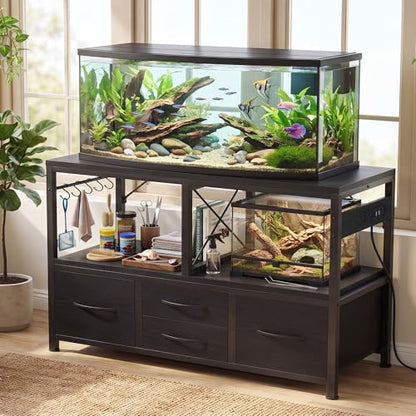 Heybly 55-75 Gallon Fish Tank Stand, Aquarium Stand with Drawer, Power Outlet, Heavy Duty Metal Frame, for Fish Tank, Turtle & Reptile Terrarium, 36.2" L × 18.1" Top, 660lbs (Top)+400lbs(Mid), Black HAS005BK - color: Black, size: 55-75 gal