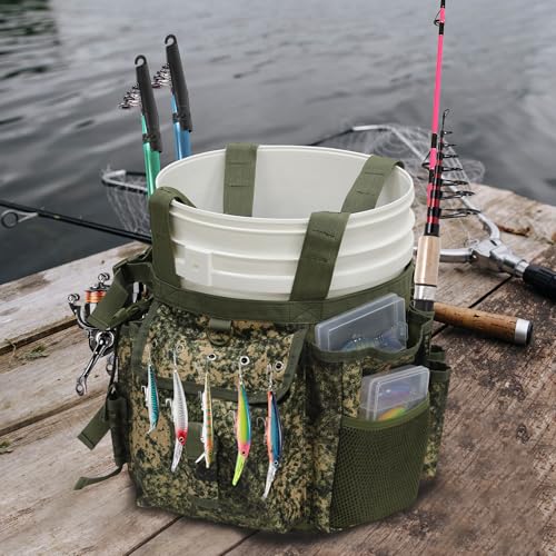 MYDAYS Fishing Bucket Organizer, Fishing Tackle Bag for Men, Rod and Tackle Boxes Holder Bag with Adjustable Buckle, Bucket Not Included (Green Camo)