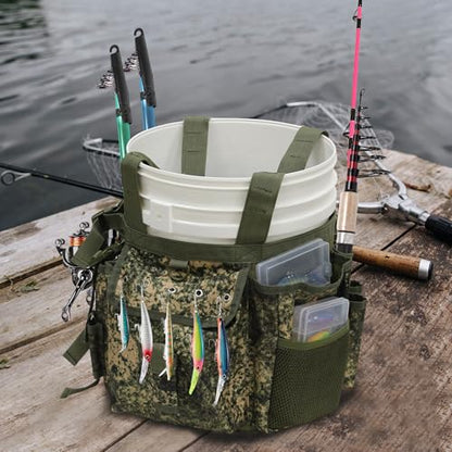 MYDAYS Fishing Bucket Organizer, Fishing Tackle Bag for Men, Rod and Tackle Boxes Holder Bag with Adjustable Buckle, Bucket Not Included (Green Camo)