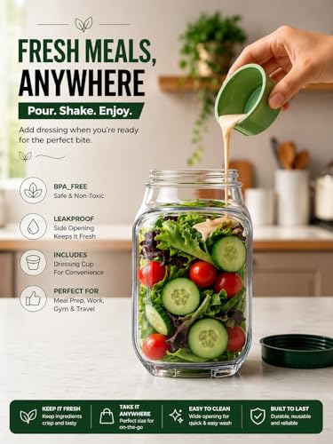 Salad Pod Mason Jar with Side Opening, Leakproof Salad Container for Lunch To Go, Portable Salad Shaker Jar with Dressing Cup, BPA-Free 34oz, Dishwasher & Microwave Safe
