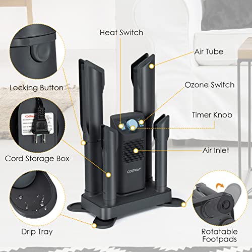 COSTWAY Boot Dryer, Shoe Dryers with 180 Mins Timer & Heating Blower, Ozone Disinfection, Extendable Design, Electric Shoe and Boot Warmer for Work Boots, Ski, Glove, Hats, Grey