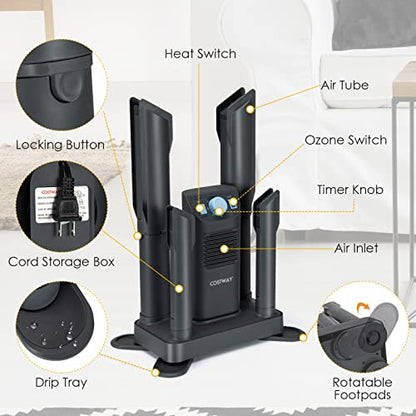 COSTWAY Boot Dryer, Shoe Dryers with 180 Mins Timer & Heating Blower, Ozone Disinfection, Extendable Design, Electric Shoe and Boot Warmer for Work Boots, Ski, Glove, Hats, Grey