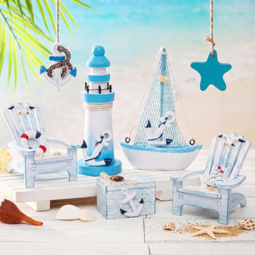 Queekay 7 Pcs Wooden Box Wooden Lighthouse Mini Sailboat Anchor Fish Hanging Starfish Model Spring Summer Easter Tree Ornament Decoration Aquarium Landscape Ornament Mini Garden Landscape (Novelty) - style: Novelty