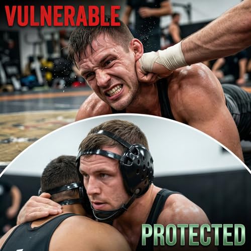 Black NBR Sponge Wrestling Headgear with Plastic Shell, Shock-Absorbing Ear Guard for MMA Grappling, Adjustable Strap Secure Fit
