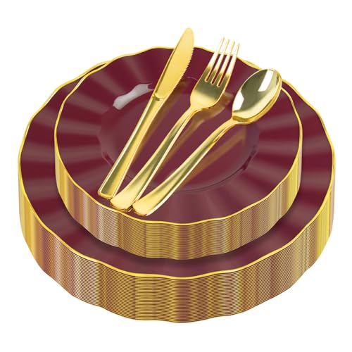 150Pcs Plastic Plates with Gold Rim, Heavy Duty Burgundy Plates for 30 Guests, Plastic Dinnerware Set Include 30 Dinner Plate, 30 Dessert Plate, 90 Gold Cutlery Set for Party (Burgundy) - color: Burgundy