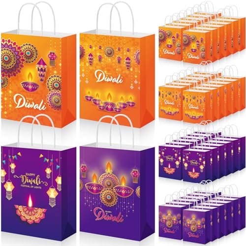 Kolldenn 48 Pcs Diwali Gift Bags with Handles - Festival of Lights Party Favor, Orange/Blue Purple Indian-themed Diwali Kraft Goodie Bags for Candy, Snacks, and Gifts Decor - color: Orange, size: Diwali