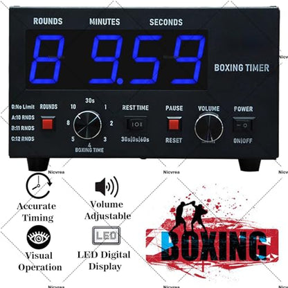 Classic Boxing Interval Timer, Professional Gymnastics Timer with LED Display, 1-12 Challenge Rounds and Adjustable Buzzer, Interval Timer for Workout, Gym Timer, Boxing Equipment Blue - color: Blue