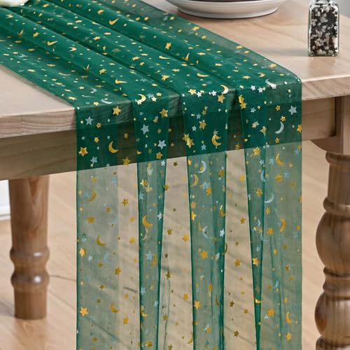 Artoid Mode Green Gauze Stars Moon Table Runner 10FT, Glitter Metallic Foil Sheer Dining Wedding Anniversary Holiday Birthday Table Decor for Home Party - color: Green