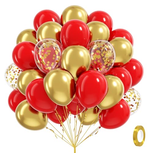 60pcs Red and Gold Balloons 12inch, Red and Gold Party Decorations with Confetti Balloons for Valentine's Day Wedding Engagements Graduation Anniversary Birthday Party Decoration - color: Red Gold