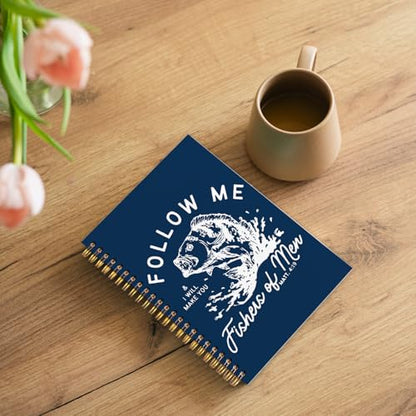 WUCHJ Dark Blue Retro Fish Christian Notebook, Matthew 4:19 Bible Verse Journal, Religious Scripture Spiral Notebook Journal for Note Taking, Christian Faith Based Gifts for Women Men, 5.5x8.3 Inch - color: dark blue fish follow me