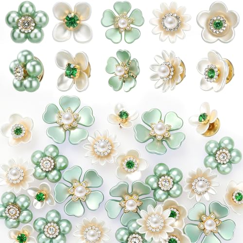 50 Pcs Pearl Rhinestone Brooch Pin Flower Embellishments Brooches and Pins for Women Lapel Pins No Sew Button Charms Accessories for Clothes Bags Wedding DIY Crafts, 5 Styles - color: Green