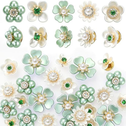 50 Pcs Pearl Rhinestone Brooch Pin Flower Embellishments Brooches and Pins for Women Lapel Pins No Sew Button Charms Accessories for Clothes Bags Wedding DIY Crafts, 5 Styles - color: Green
