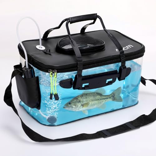 AceOrbit 5/7/8Gallon Foldable Fishing Bucket with Aerator | Live Bait Bucket and Dual Outlet Air Pump, Heavy Duty EVA Collapsible Fish Basket for Kayak, Ice Fishing, Camping & Travel - size: 5 Gallon