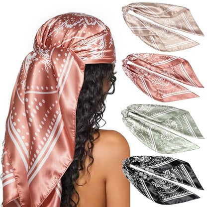 DRESHOW 35” Large Square Satin Head Scarf - 4Pcs Silk Accessories Classic Patterned Squares Beach Bandanas for Women - color: 4 Pcs Printed: Camel, Reddish Brown, Green, Black
