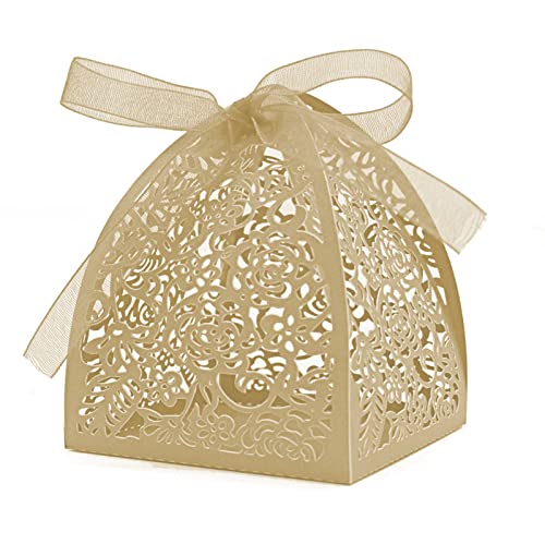 Auto-plaza 50 Pieces Beauty Laser Cut Favor Boxes DIY Wedding Birthday Gift Candy Boxes with Ribbons (Beige) - color: Beige