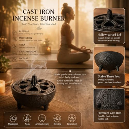 Cast Iron Incense Burner with Fireproof Cotton, Bakhoor Burner for Resin, Charcoal, Cones & Sticks, Meditation & Yoga Decor