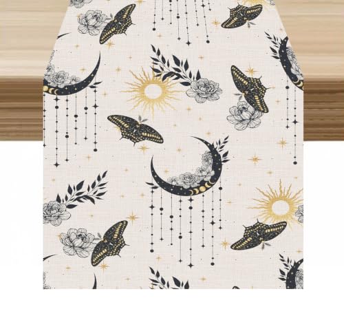 Moth Table Runner Gothic Mystic Moon Phase Moth Leaves Beige Pattern Decor for Indoor Outdoor Wedding Party Dinner Festival Farmhouse Holiday Home Kitchen Dining Room, 13x36in - color: Moth-beige2, size: 13x36in