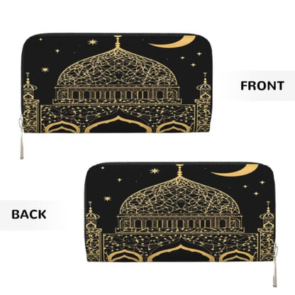 Islamic Mosque Golden Glitter PU Leather Long Wallet for Women Men, Zipper Clutch Wallet RFID Card Holder Organizer - color: Islamic Mosque Golden Glitter