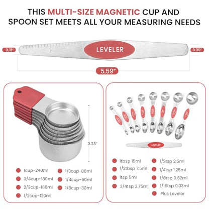 Magnetic Measuring Cups and Spoons Set-Heavy Duty 304 Stainless Steel | Double Measurement Markings,BPA-Free,Set of 16 with Leveler for Measuring Dry and Liquid Ingredients(Red) - color: Red
