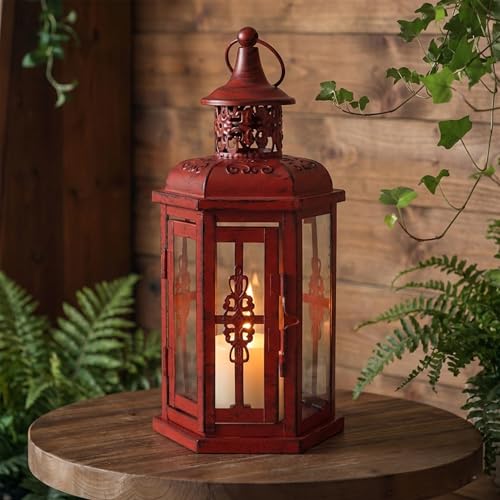 JHY DESIGN Decorative Candle Lantern 10“H Vintage Hanging Lantern Metal Candleholder for Indoor Outdoor Events Parities and Weddings (Red with Black Brush) - color: 10“h Red