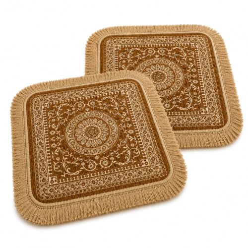 Soft Chenille Prayer Mat | 2x2 Feet Traditional Mandala Floral Pooja Aasan with Golden Fringes | Multipurpose Square Rug for Meditation, Yoga, Puja Room & Home (Pack of 2, Gold) - color: Gold, size: 2x2 Feet
