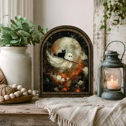 Ghost Cat Halloween Arched Table Sign - color: Flying Ghost Cat