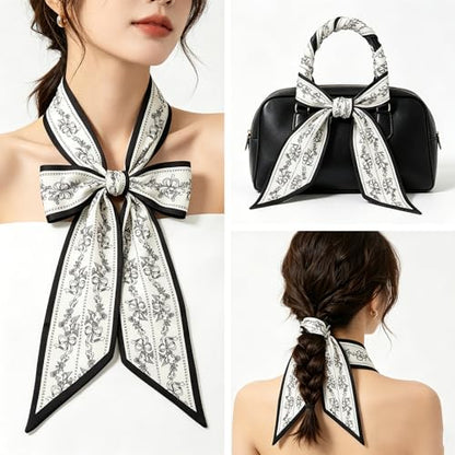 Silky Satin Long Skinny Head Scarf for Women - Neck Hair Scarf, Purse Bag Belt Accessory, Silk Feeling, 57"x5" - color: White Blue 02