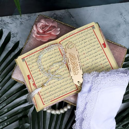 Modefa Islamic Luxury Pearl Islamic Gift Set - Holy Quran in Arabic - Velvet Box with Quran, Hijab, Tesbih, & Bookmark (Dusty Pink) - color: Dusty Pink