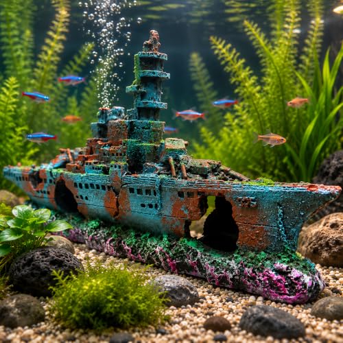 Eco-Friendly Resin Aquarium Shipwreck Decor, Realistic Sunken Ship Fish Tank Ornament, Safe Hideout & Landscaping Accessory for Betta Fish, Freshwater and Saltwater Aquariums