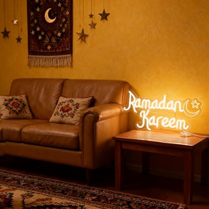 Ramadan Kareem Neon Sign for Wall Decor, Mubarak Light Up Sign, Moon Star Neon Light Decor for Home Party Eid Kareem Wall Decoration